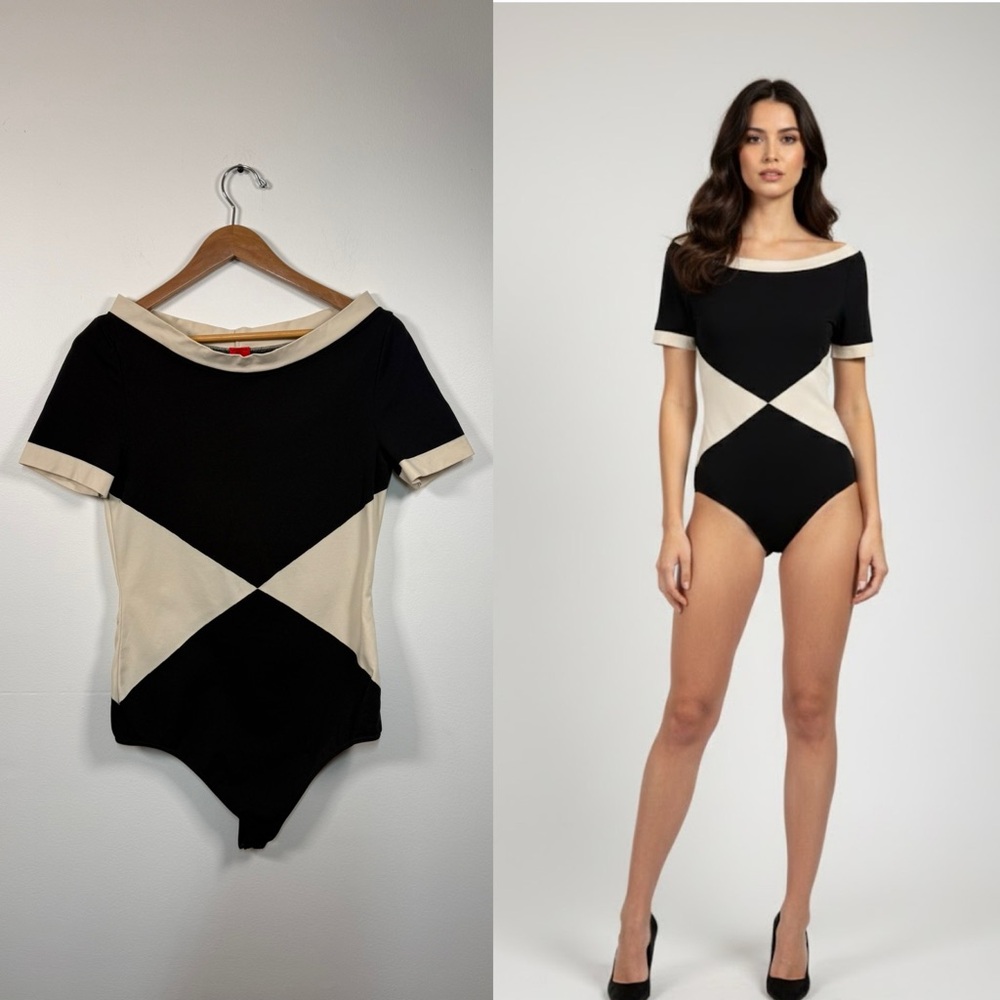 Valentino x Wolford Black and White Colorblock Short Sleeves Bodysuit Large‎